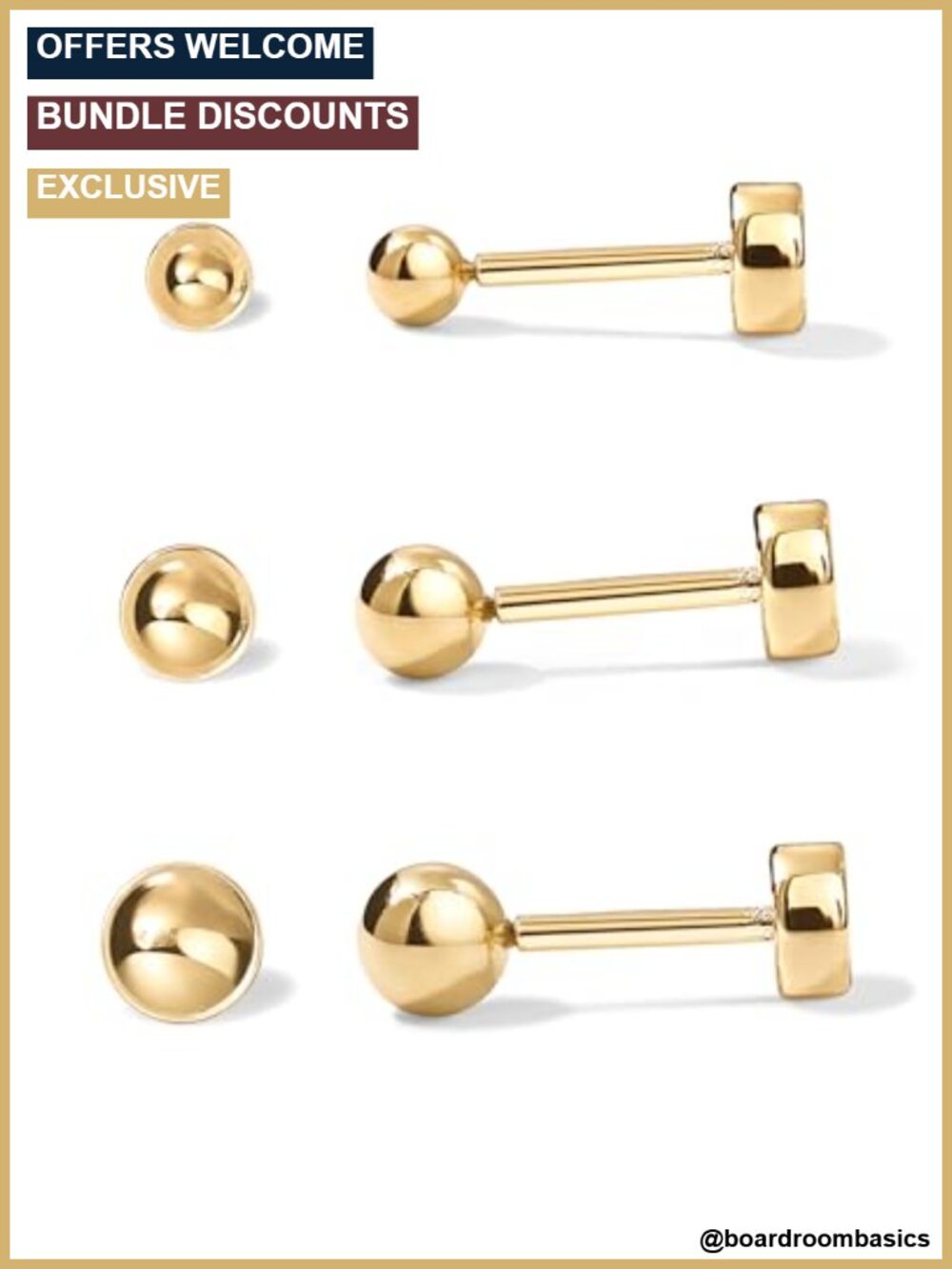 14K Gold Plated Ball Flatback Stud Earrings Cartilage 3-Pair Set